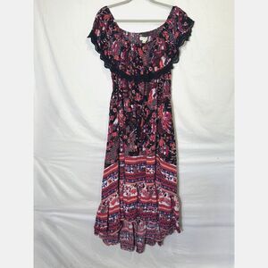 Aveology BOHO Midi Dress Drawstring Waist Floral Bird Design Size 18/20 Hi/Low